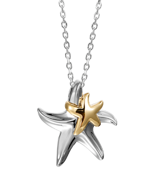 Alamea's SS 14K Starfish Pendant features a sterling silver chain with large and small overlapping starfish accents.