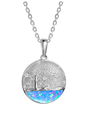 Alamea SS Opal Lighthouse Pendant features iridescent blue wave detail in 925 sterling silver.