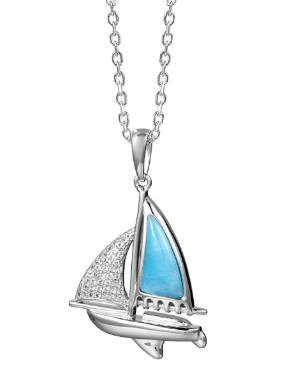Alamea SS 925 Sailboat Larimar Pendant features a blue Larimar sail and clear crystals; a unique jewelry piece.