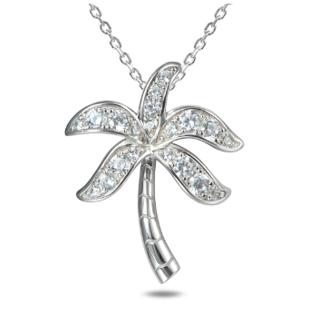 Alamea SS 925 Palm Tree Pendant with sparkling crystals on a chain, shown against a white background.