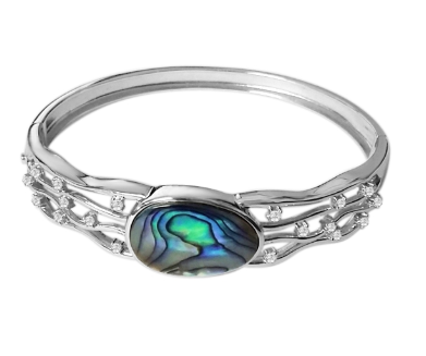 Alamea’s SS Abalone Bracelet showcases an oval abalone shell and rows of clear stones on each side.