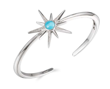 Alamea SS 925 Larimar Bangle features a starburst design with diamonds and a blue larimar center.