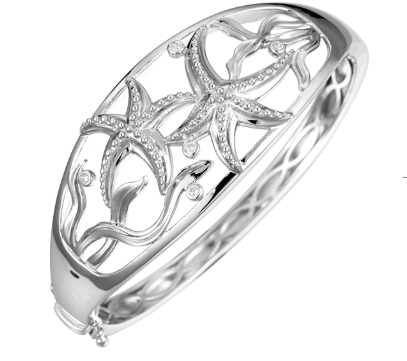 Alamea SS 925 Starfish Bangle features starfish and wave designs with small gems on a white background.