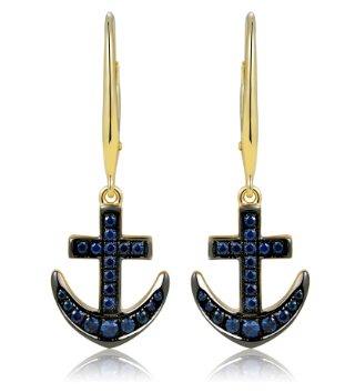 Alamea 14KY Sapphire Anchor Earrings feature blue gemstones, a striking maritime jewelry piece on a white background.