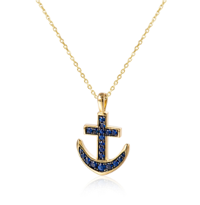 Alamea 14K YG Sapphire Anchor Pendant features 0.40 ct sapphires on a delicate yellow gold chain.
