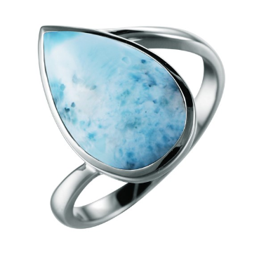 Alamea 925 Sterling Silver Larimar Ring, size 7, features a teardrop blue stone with unique white patterns.