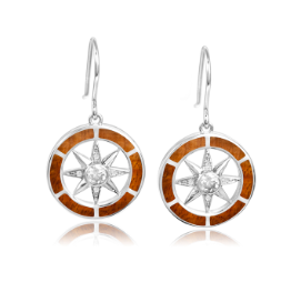 Alamea SS 925 Koa Wood Compass Earrings feature circular brown koa accents and a star design on sterling silver.