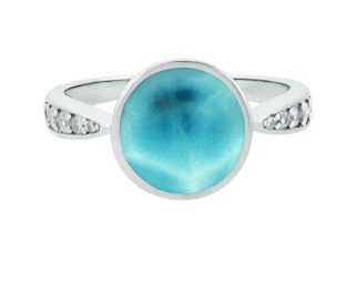 Alamea 925 Sterling Silver Larimar Ring, size 7, features a round blue center stone and CZ accents on the band.