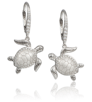 Alamea 925 Sterling Silver Turtle Earrings feature textured shells and CZ accents, shining on a white background.