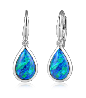 Alamea 925 Sterling Silver Opal Earrings feature teardrop blue-green stones with a small clear gem above each.