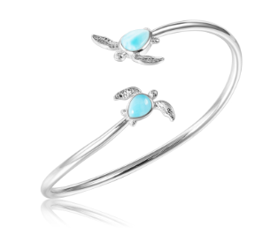 Alamea 925 Sterling Silver Larimar Turtle Bangle Bracelet features two open ends with blue gemstone turtle designs.