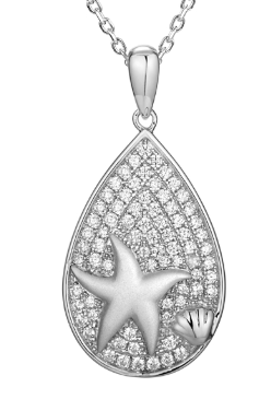 Alamea 925 Sterling Silver Starfish Pendant features a teardrop design with seashell and sparkling crystals.