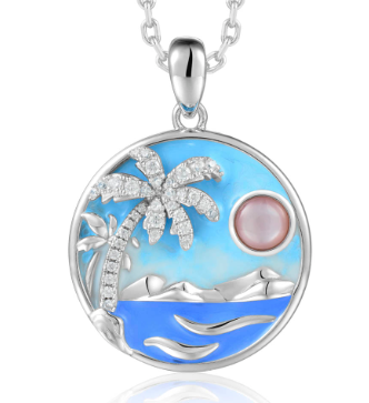Alamea 925 Sterling Silver Sunrise Pendant with palm tree, waves, mountains & pink sun on a blue background.