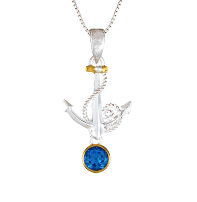 Michou Sterling Silver & 22K Gold Vermeil Anchor Pendant with Baby Blue Topaz on a chain.