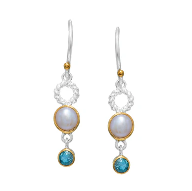 Michou Sterling Silver & 22K Gold Vermeil Earrings with Baby Blue Topaz & White Freshwater Pearl.