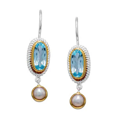 Michou Sterling Silver & 22K Gold Vermeil earrings with white freshwater pearl & sky blue topaz for timeless elegance.