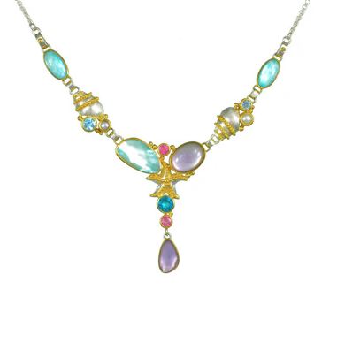 Michou Sterling Silver & 22K Gold Vermeil necklace features Amazonite, Topaz, pearls & a starfish motif at the center.