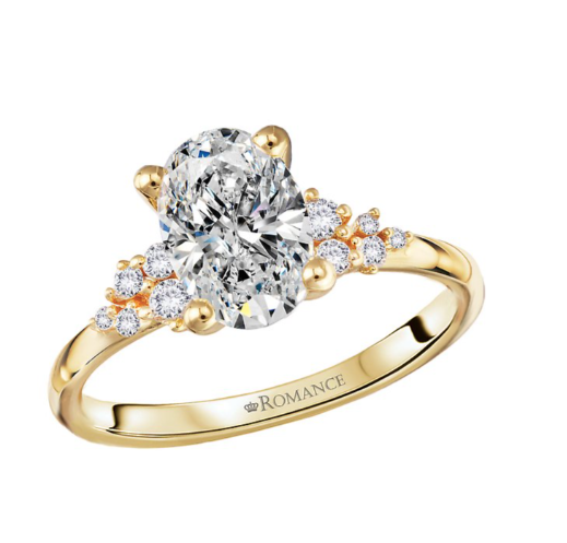 Romance Semi-Mount Diamond Engagement Ring in 14kt yellow gold with oval center, round diamond clusters, by Romance.