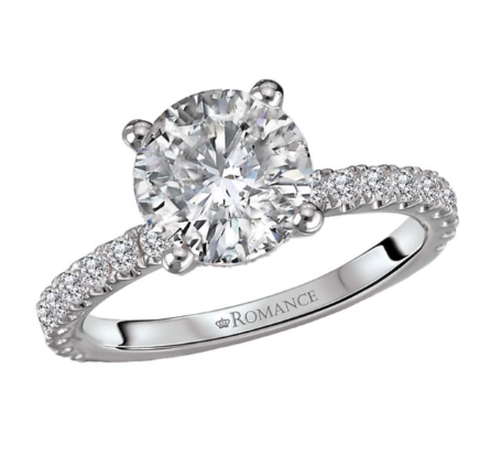 Romance Diamond Semi-Mount Engagement Ring in white gold with a large round diamond, hidden halo, and engraved band.