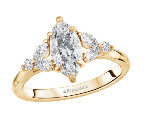 The Romance Classic Semi-Mount Engagement Ring in 14kt yellow gold features side diamonds and engraved Romance.