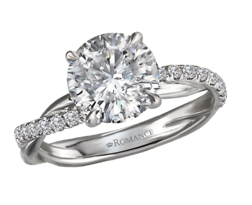 The Romance Semi-Mount Diamond Engagement Ring features a twisted 14kt white gold band for an 8.2mm round diamond.