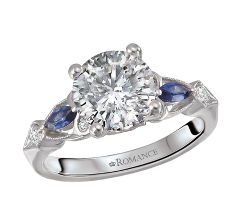 Romance Diamond and Sapphire Semi-Mount Engagement Ring with blue pear sapphires and accent diamonds by Romance.