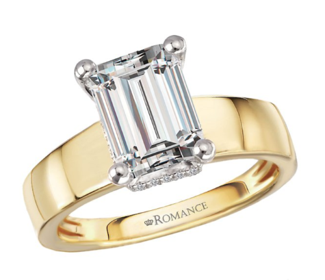 Romance Diamond Semi-Mount Hidden Halo Engagement Ring by Romance with a wide yellow gold band and hidden halo diamonds.