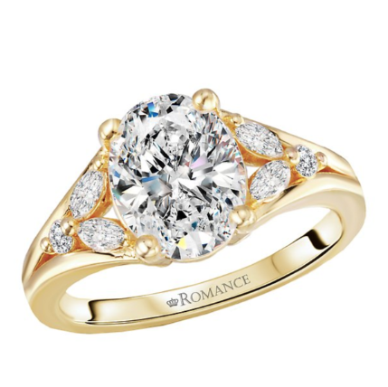 Romance Split Shank Semi-Mount Diamond Engagement Ring in 14kt yellow gold with marquise sides, engraved "ROMANCE.