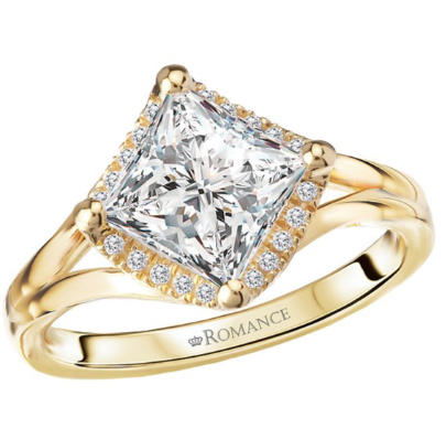 Romance Semi-Mount Diamond Halo Engagement Ring in 14kt yellow gold with princess cut, engraved Romance.