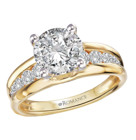Romance Semi-Mount Diamond Engagement Ring in 14kt yellow gold with channel-set diamonds, engraved "Romance.