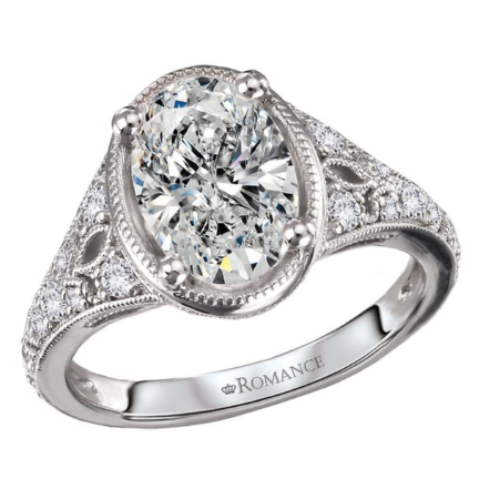Romance Diamond Semi-Mount Engagement Ring with migraine detail in 14kt white gold and an oval diamond setting.