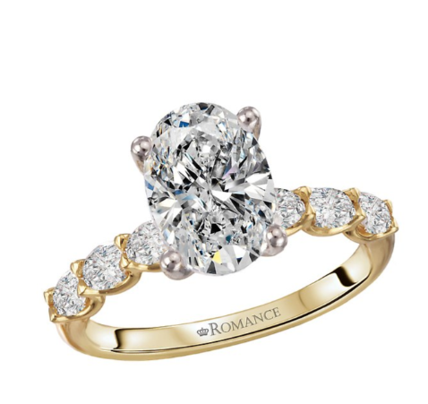 The Romance 4 Prong Peg Head Semi-Mount Diamond Ring by Romance, in 14kt gold with diamond accents—ideal for bridal.