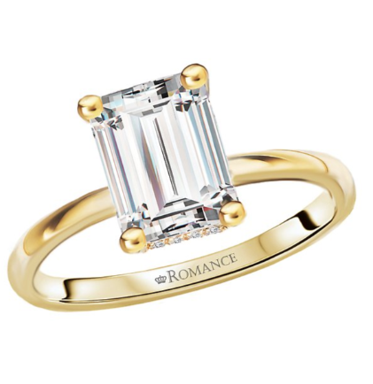 Romance Diamond Hidden Halo Engagement Ring in 14kt yellow gold features an emerald-cut diamond, engraved "ROMANCE" inside.