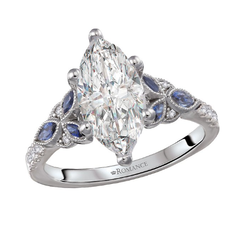 The Romance Diamond and Sapphire Semi-Mount Ring features a marquise diamond, blue sapphires, and engraved band.
