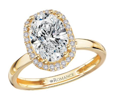 Romance Semi-Mount Diamond Engagement Ring with diamond halo and gallery, by Romance.