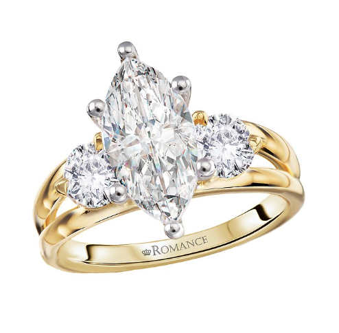 Romance Three Stone Split Shank Diamond Engagement Ring in 14kt yellow gold with side diamonds and marquise center.