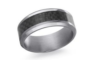 Silver colored tantalum ring with carbon fiber inlay.
