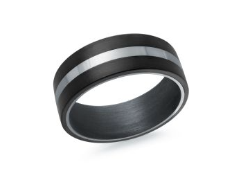Black tantalum & carbon fiber ring with silver colored stripes.