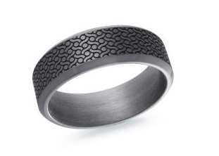 Grey tantalum laser engraved ring.