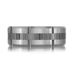 Silver colored tungsten ring with a black stripe.