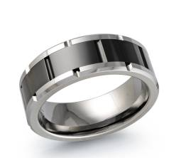 Silver colored tungsten ring with black accent.