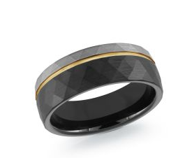 Black tungsten men's ring with gold colored accent.