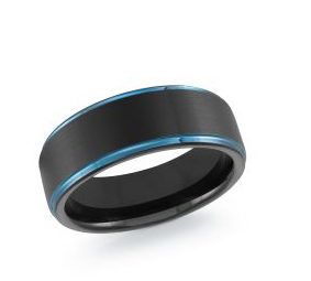 The Malo 7mm Tungsten Men's Ring features a black and blue brushed finish, displayed on a white background.