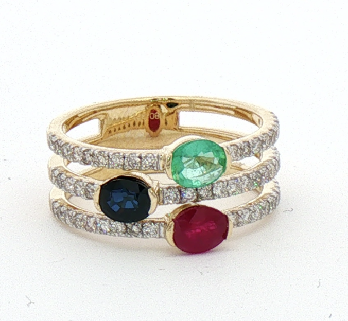 14K Yellow Gold Sapphire Emerald and Ruby Ring