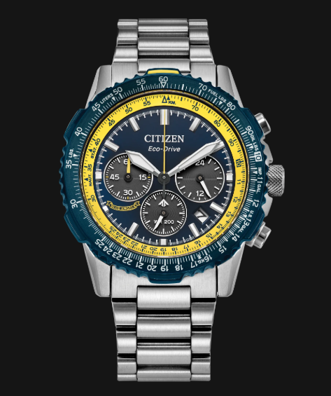 Citizens Blue Angels Promaster Air Navihawk watch with black dial, blue-yellow bezel, subdials & Eco-Drive tech.