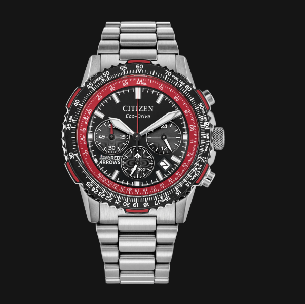 Citizens Red Arrows Promaster Air Navihawk watch with Eco-Drive, red/black dial, subdials, metal band on black.