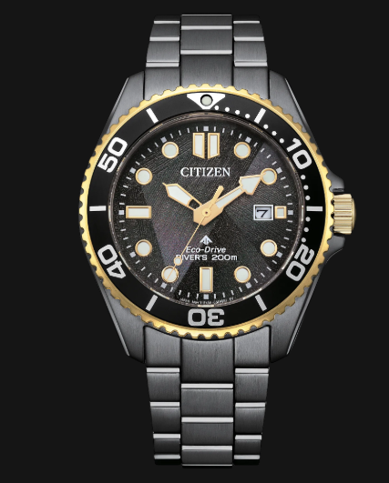 Citizens Promaster Dive LIGHT in BLACK watch with metal band, black & gold bezel, and date display on black background.