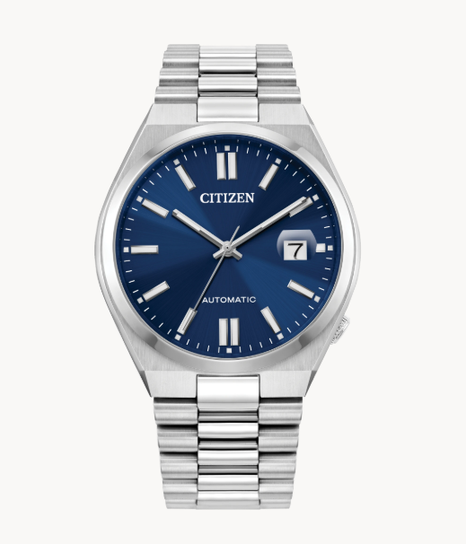 Citizens TSUYOSA Watch: blue dial, silver markers, date window, and metal link bracelet.