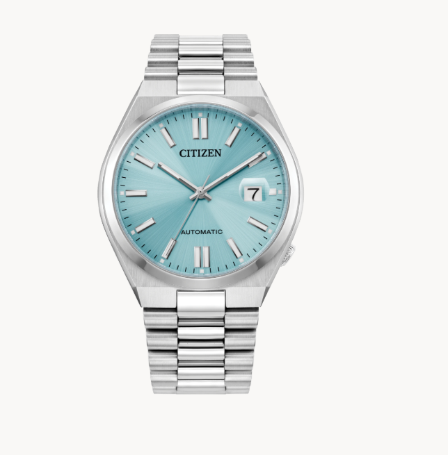 TSUYOSA Citizen's Watch by Citizens, features aqua blue face, silver markers, and a date window at 3 o’clock.