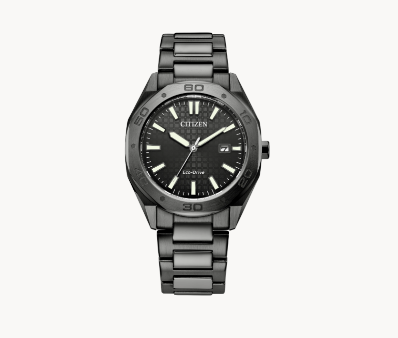 Odyn Citizen's Watch: black men's sports watch by Citizens, Eco-Drive tech, metal band, date display on white background.